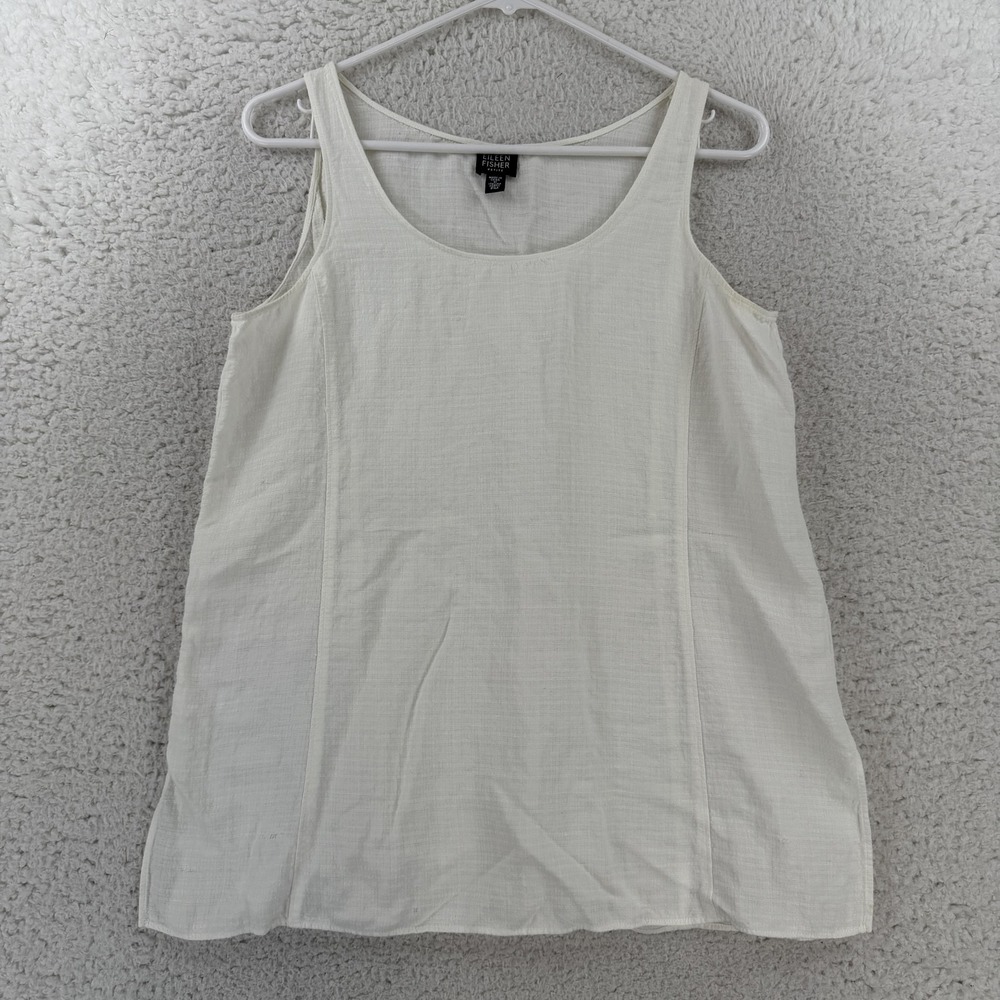 Eileen Fisher Tank Top Womens PM White Scoop Neck Sleeveless Linen Blend Basic